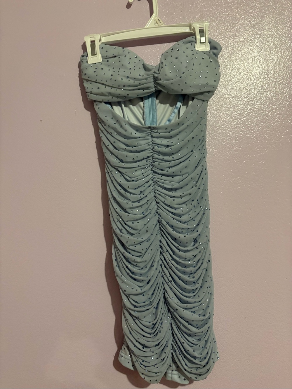 Fashion Nova Strapless Ruched Light Blue Mini Dress with Sparkle